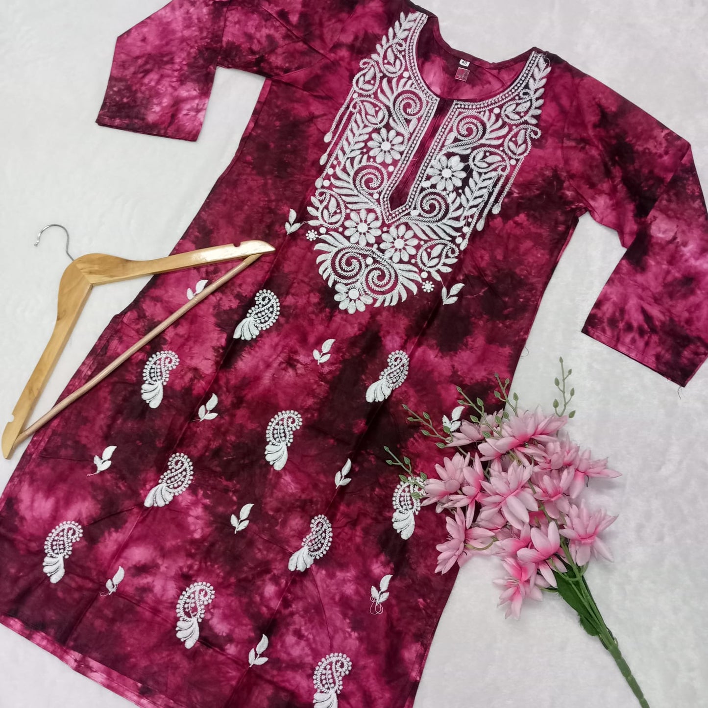 Rayon Tie & Dye Chikankari Machine Work Kurti- Magenta Colour - Chikankaar