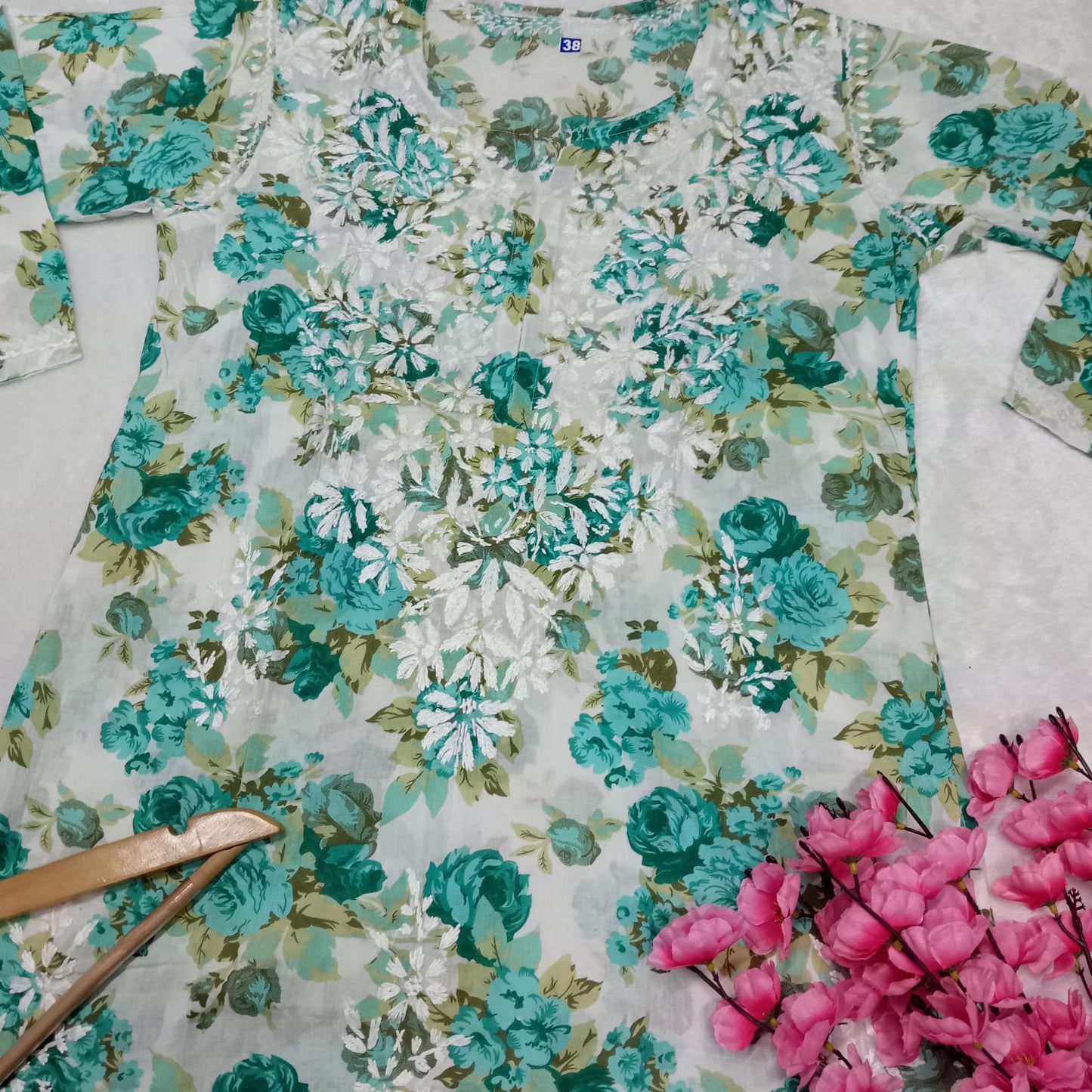Aisha Mulmul Floral Printed Chikankari Handwork Kurti- Sea Green Colour - Chikankaar