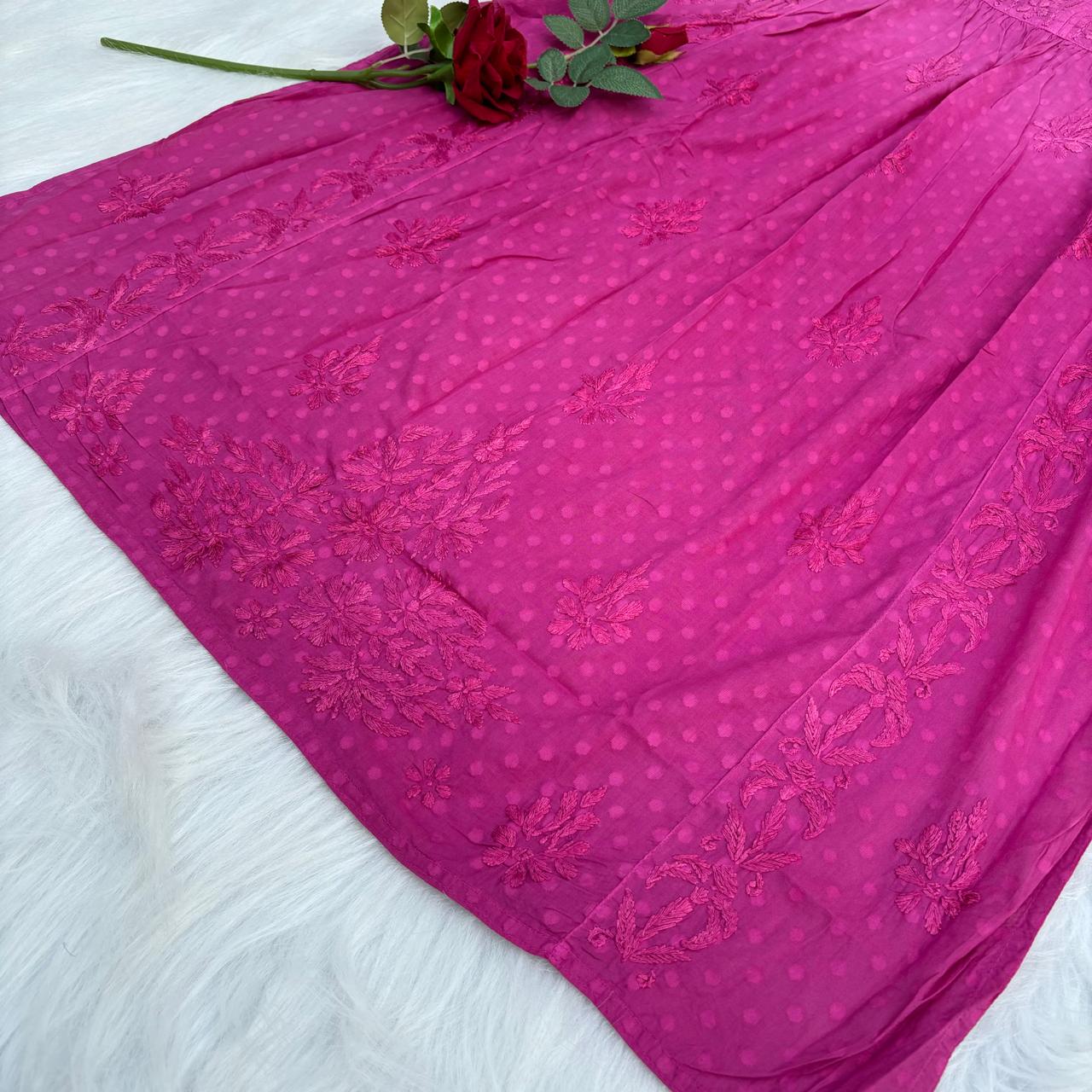 Aliya Dobby Cotton Nyra Cut Chikankari Aline Kurti - Fucshia Colour - Chikankaar