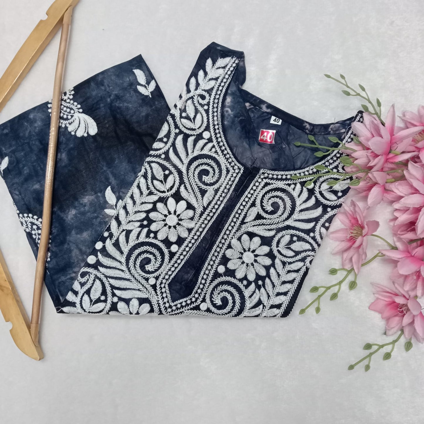 Rayon Tie & Dye Chikankari Machine Work Kurti- Smoke Blue Colour - Chikankaar
