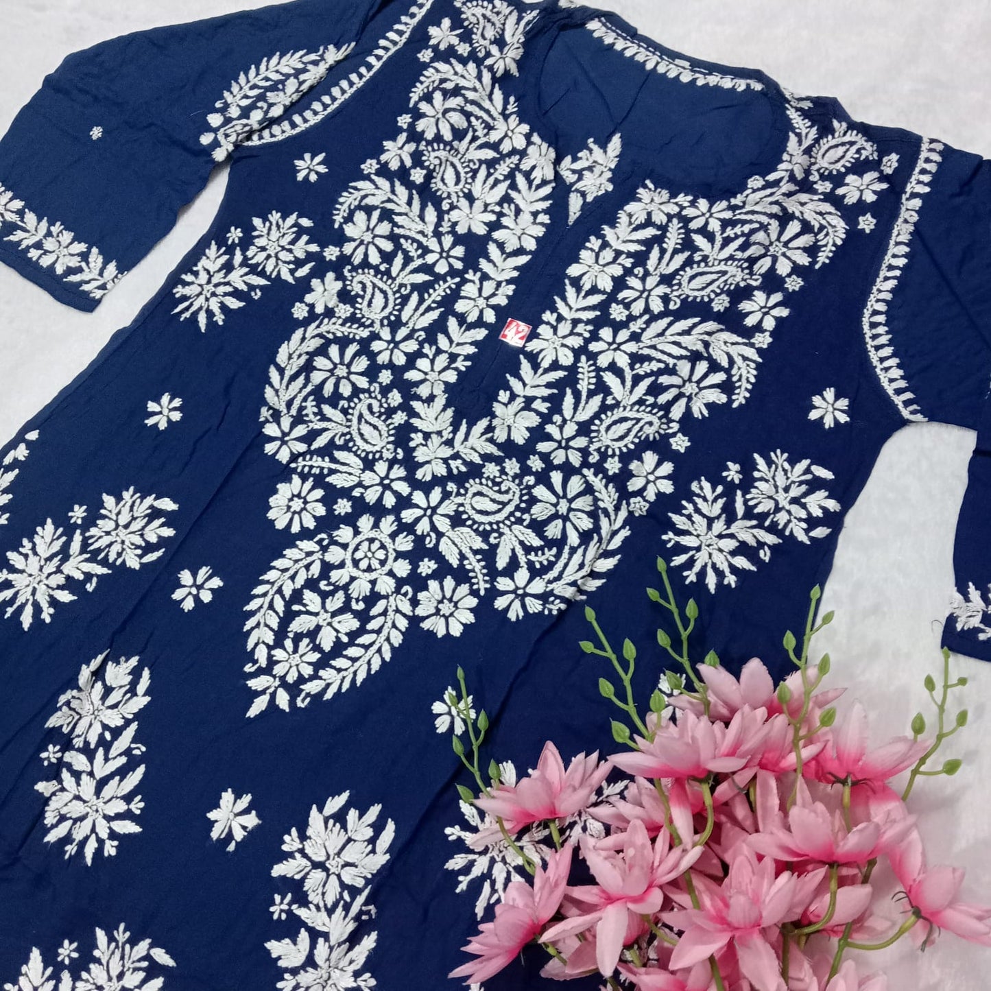 PREMIUM MODAL SILK CHIKANKARI KURTI - BLUE COLOR - Chikankaar