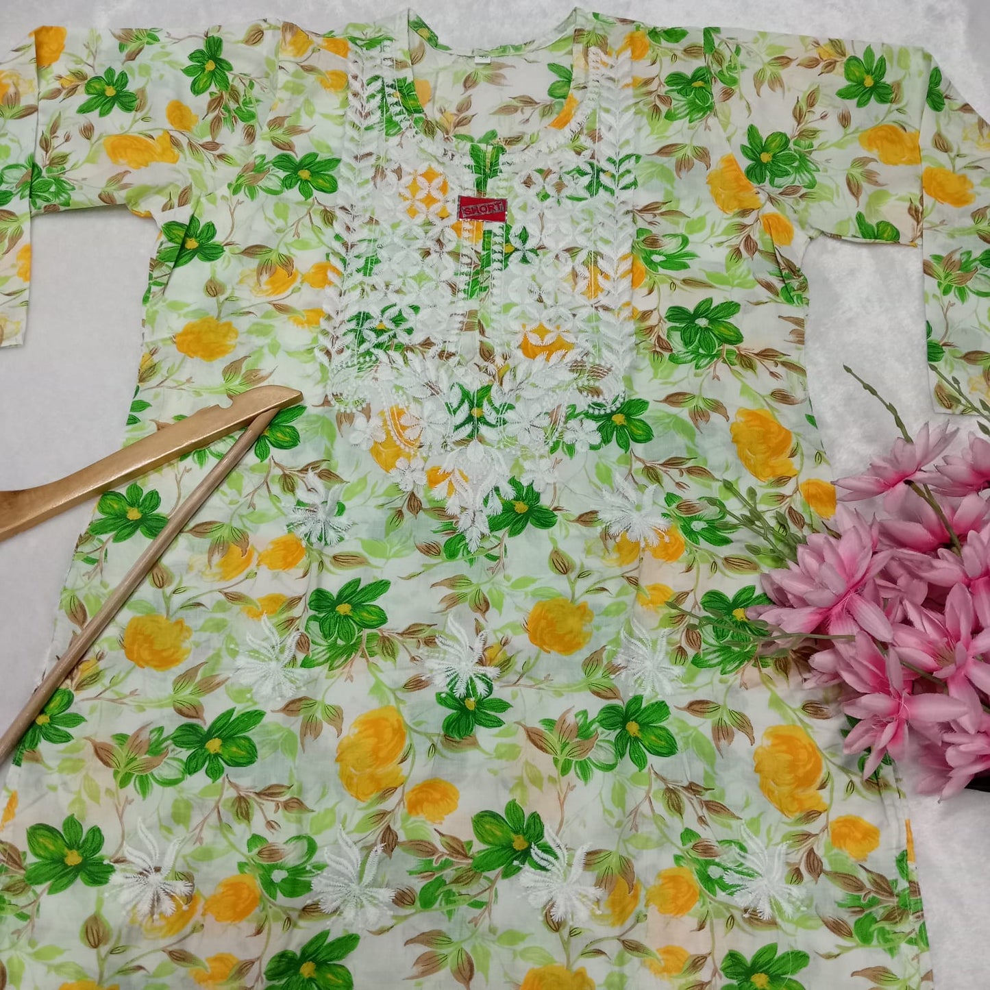 Mulmul Cotton Chikankari Short Kurti - Green Colour - Chikankaar