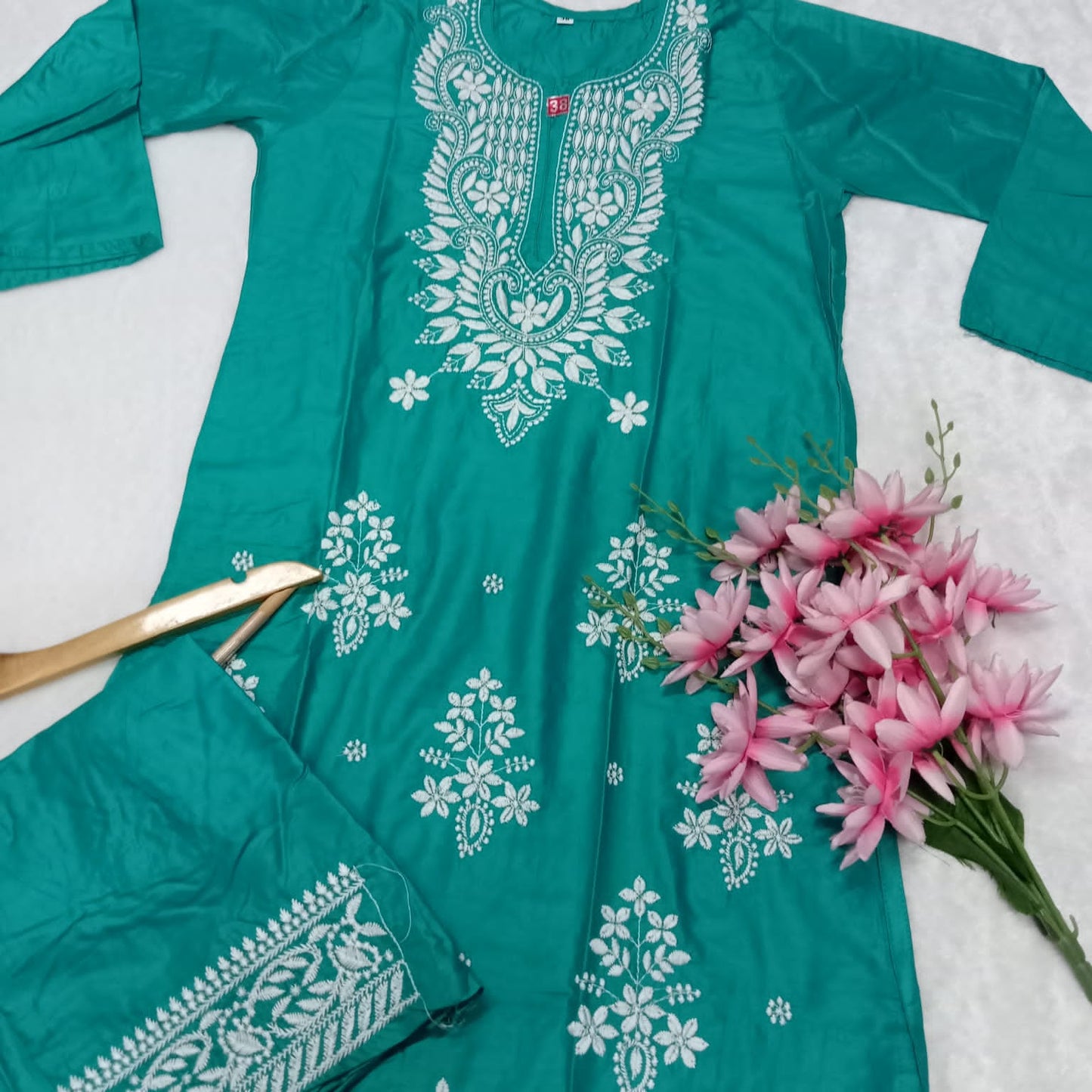 Rayon Chikankari Machine Work Kurti Plazo Set- Sea Green Colour - Chikankaar