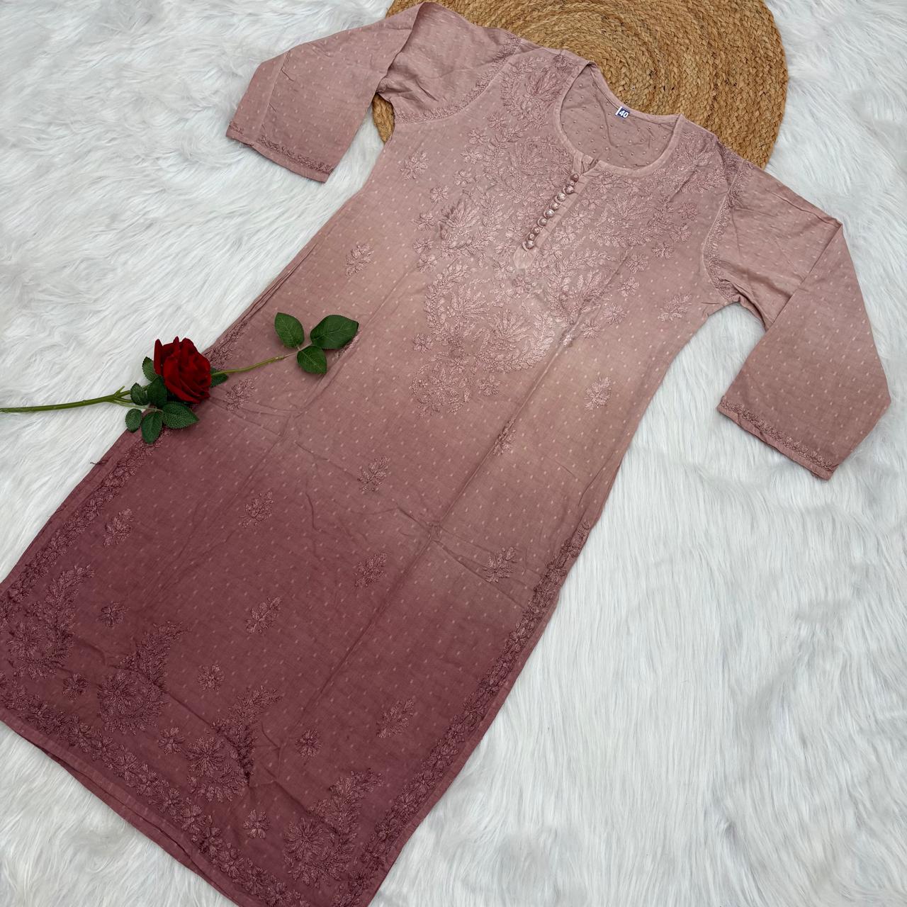 Farah Ombre Shaded Dobby Cotton Chikankari Kurti - Brown colour