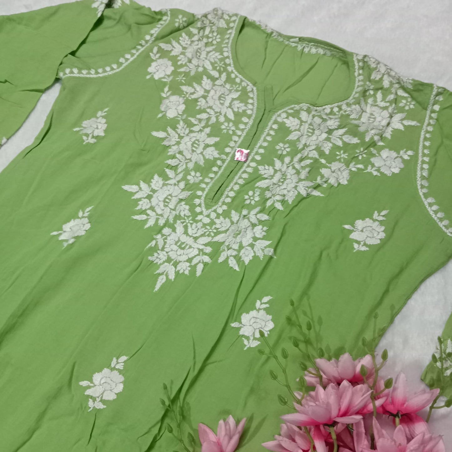 PREMIUM ROSE MODAL SILK CHIKANKARI KURTI - PARROT GREEN COLOUR - Chikankaar