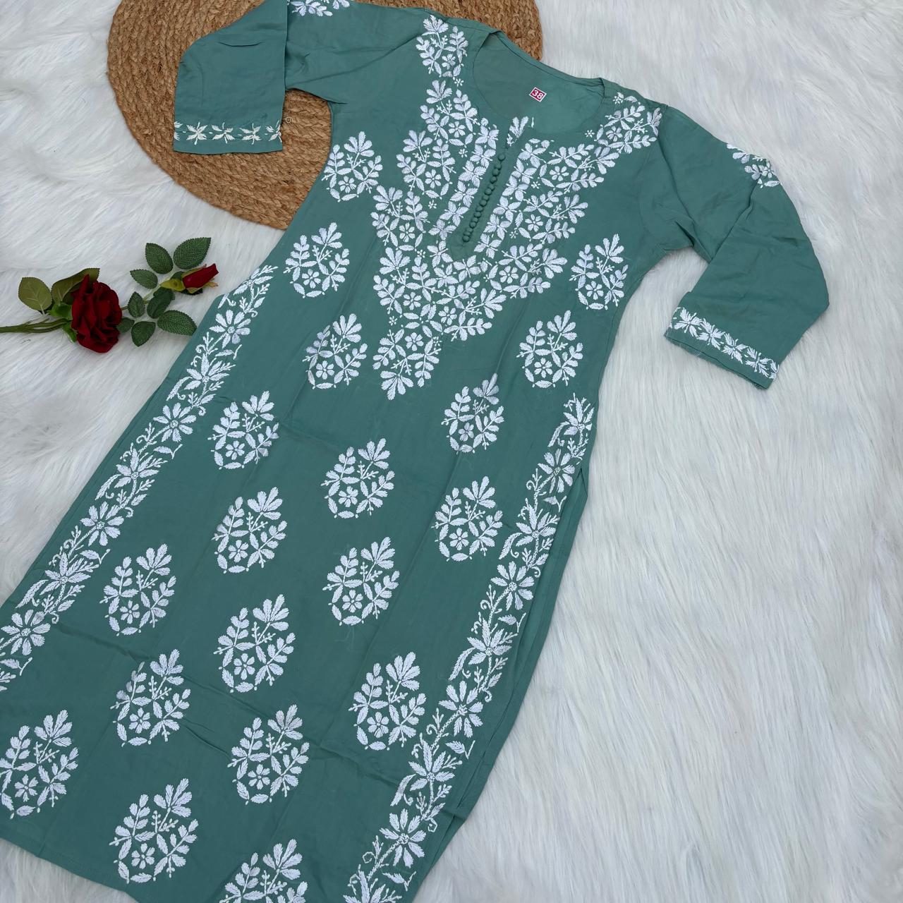 Ameena Soft Rayon Chikankari Kurti - Pista Colour