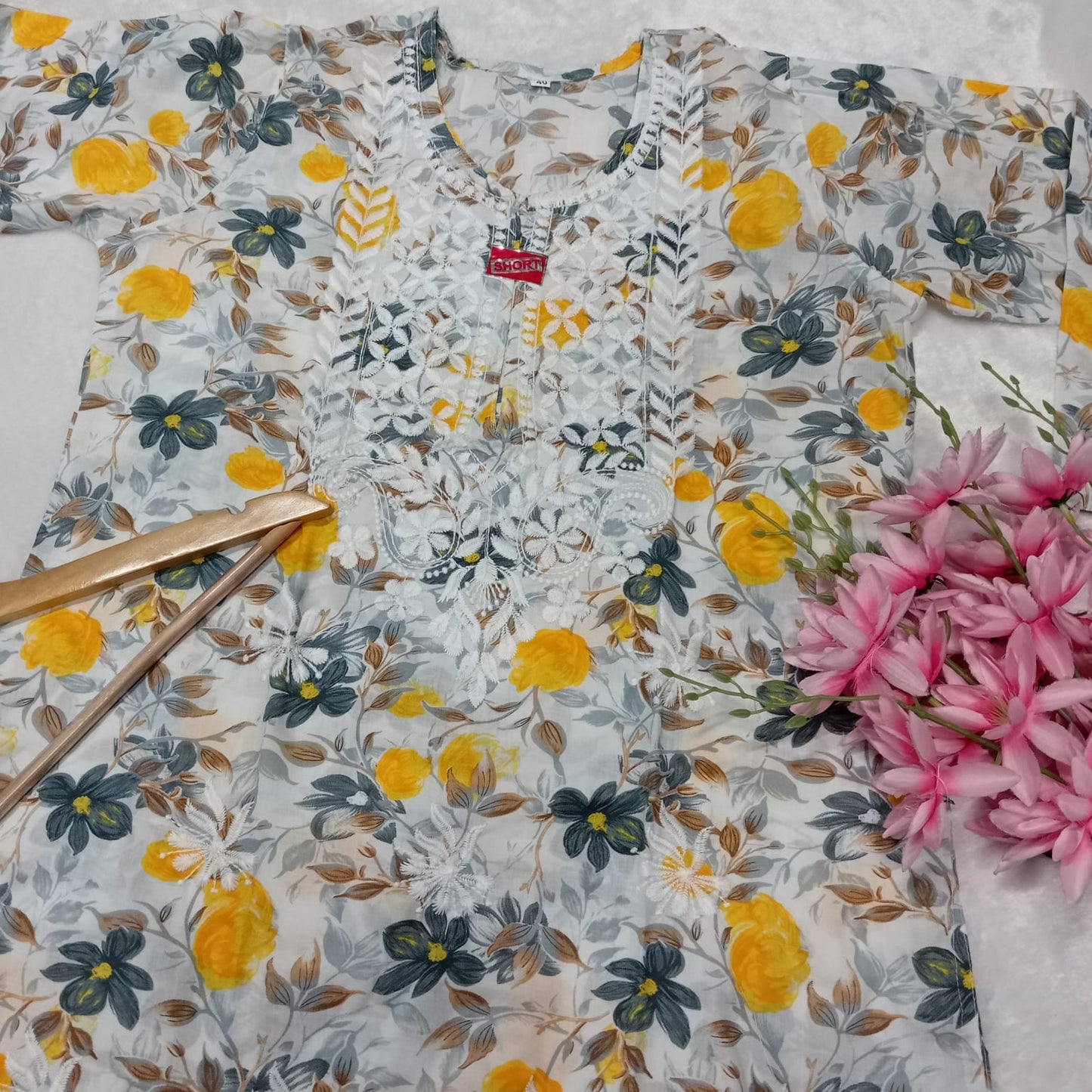 Mulmul Cotton Chikankari Short Kurti - Grey Colour - Chikankaar