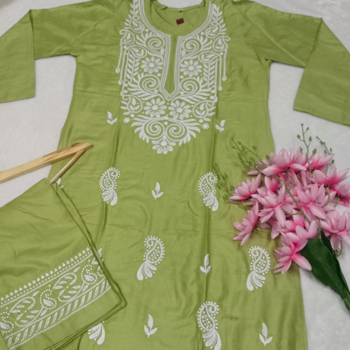 RAYON CHIKANKARI MACHINE WORK KURTI PLAZO SET- DARK GREEN COLOUR - Chikankaar