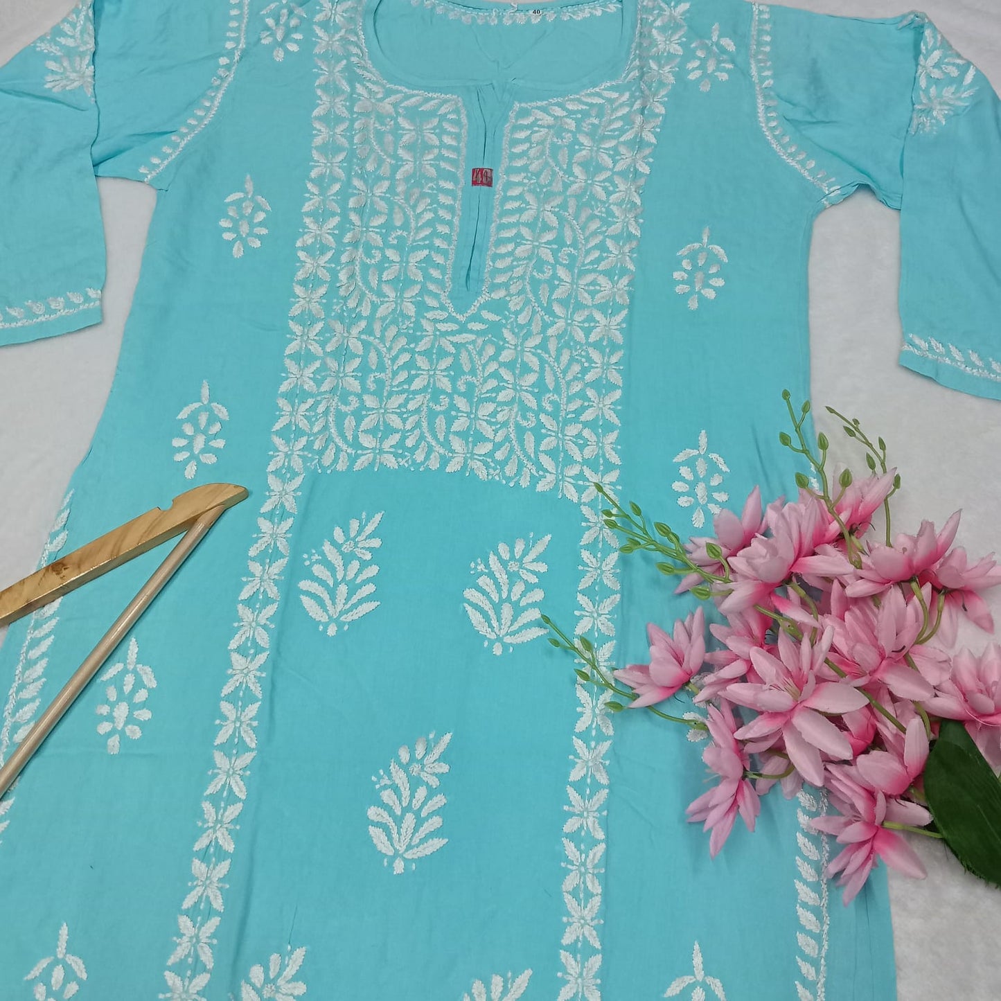 Soft Rayon Heavy Chikankari Panel Work Kurti -Sky Blue Colour - Chikankaar