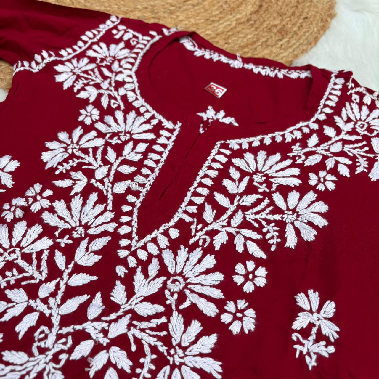 Ina Soft Rayon Chikankari Short Kurti - Maroon Colour - Chikankaar