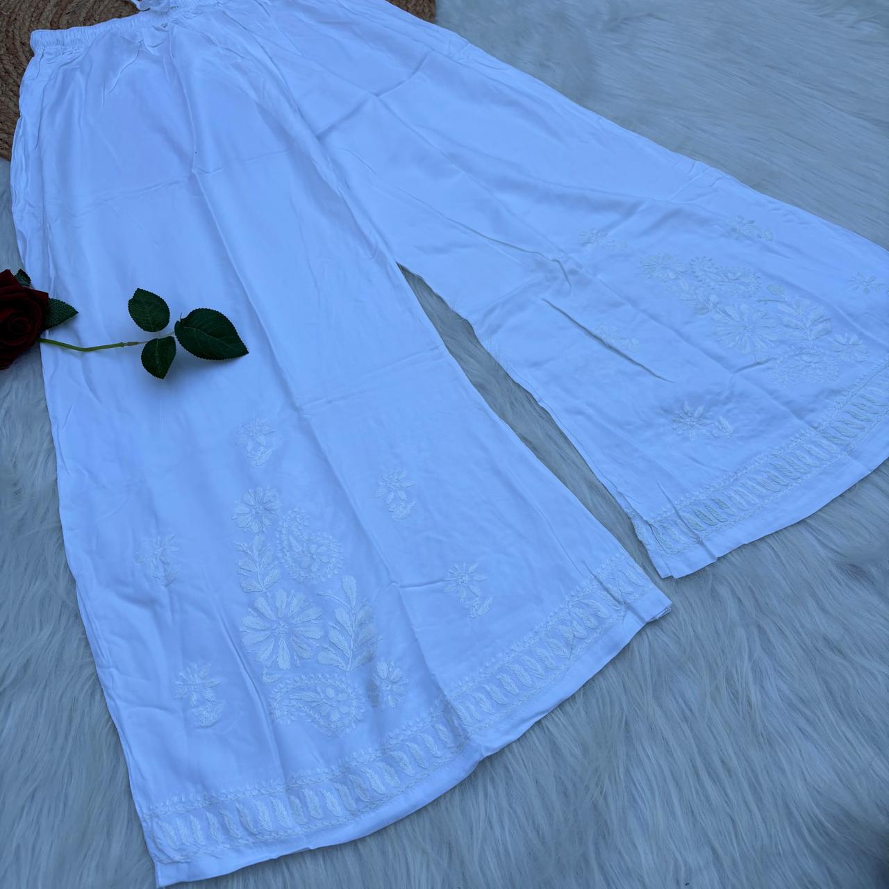 Maheen Soft Rayon Chikankari Plazo - White Color