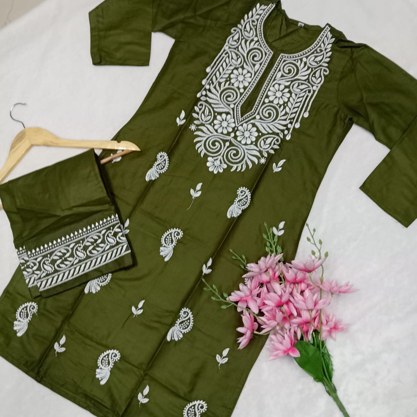 Rayon Chikankari Machine Work Kurti Plazo Set- Mehndi Colour - Chikankaar