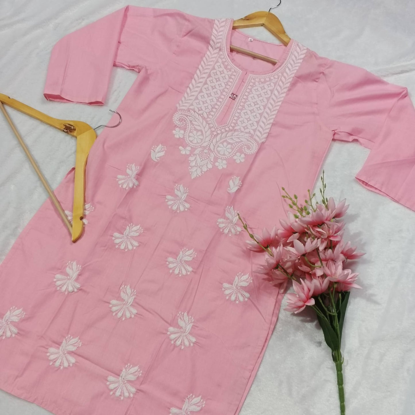 Cotton Machine Work Chikankari Kurti - Baby Pink Colour - Chikankaar