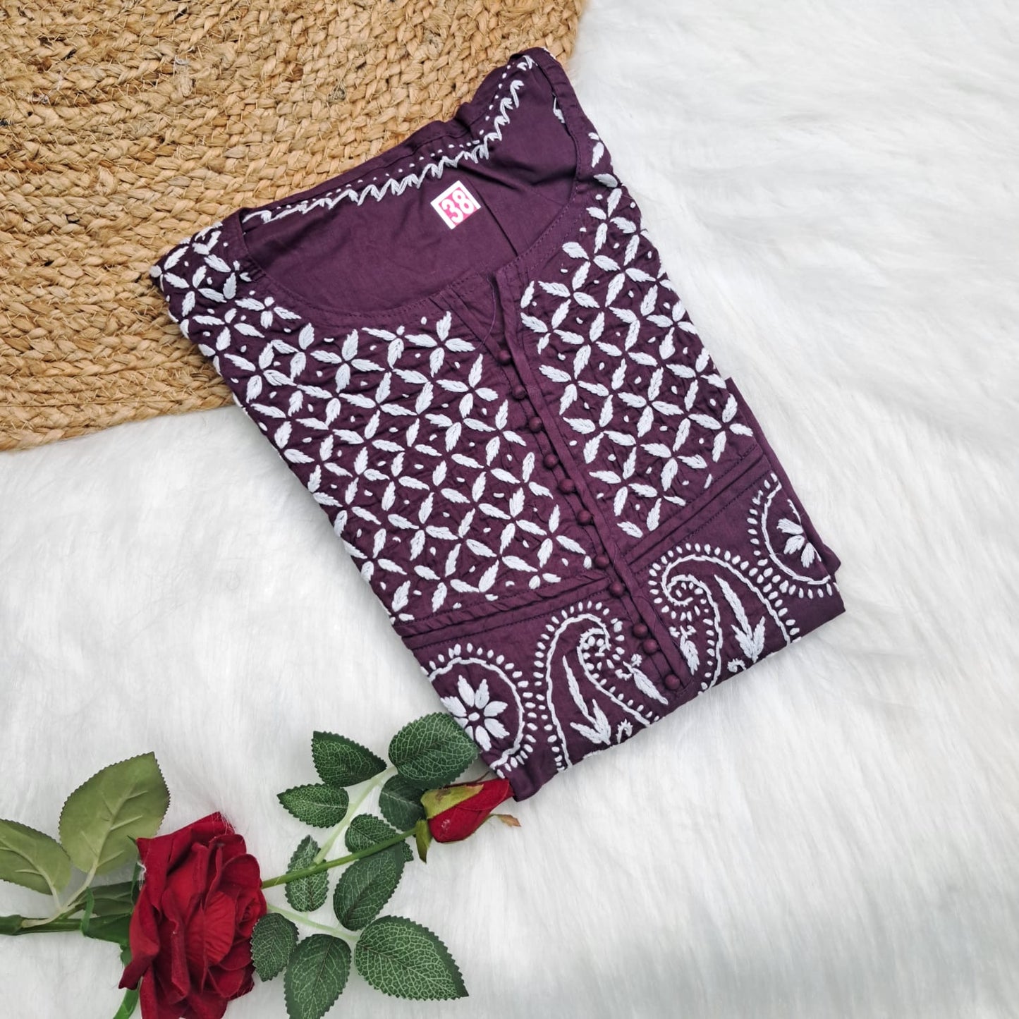 Adiva Pure Cotton Chikankari Handwork Kurti - Wine Colour - Chikankaar