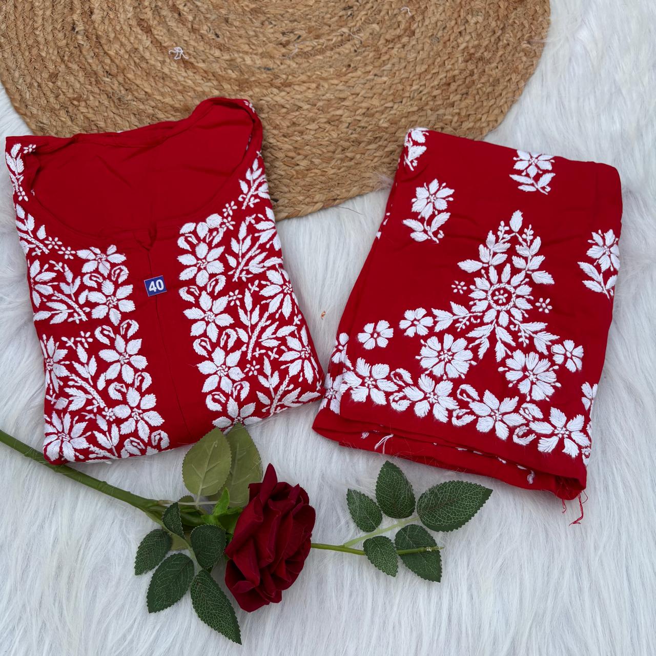 Maya Rayon Chikankari Kurti Plazo Set - Red Colour