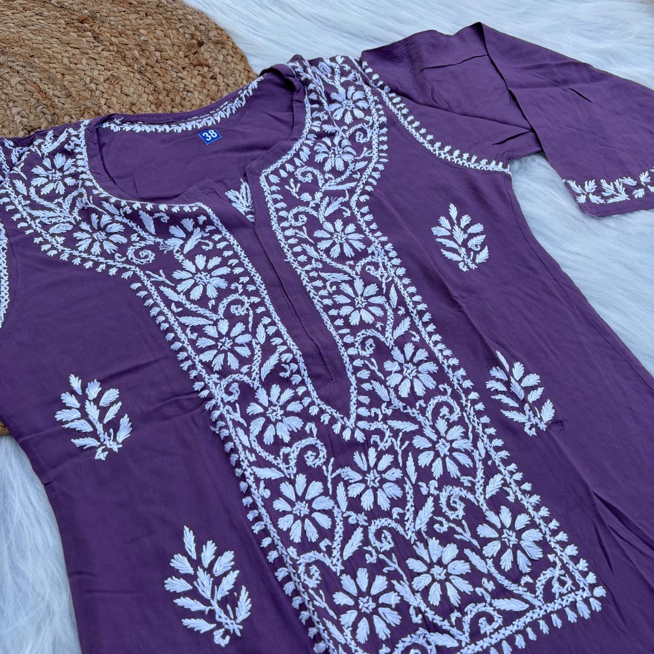 Soft Rayon Chikankari Kurti - Wine Colour