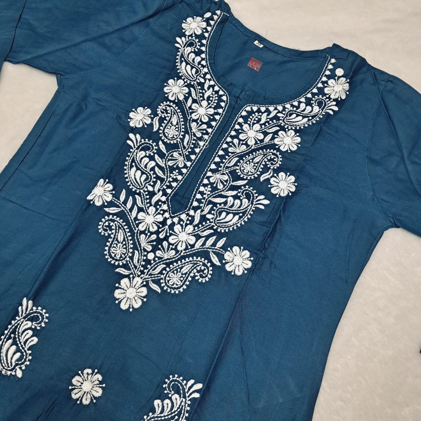 Rayon Chikankari Machine Work Kurti Plazo Set-t Blue Colour - Chikankaar
