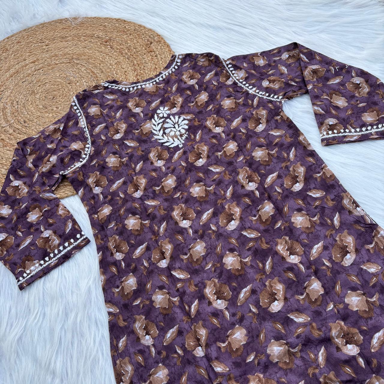 Sana Pure Mulmul Chikankari Handwork Kurti - Purple Colour