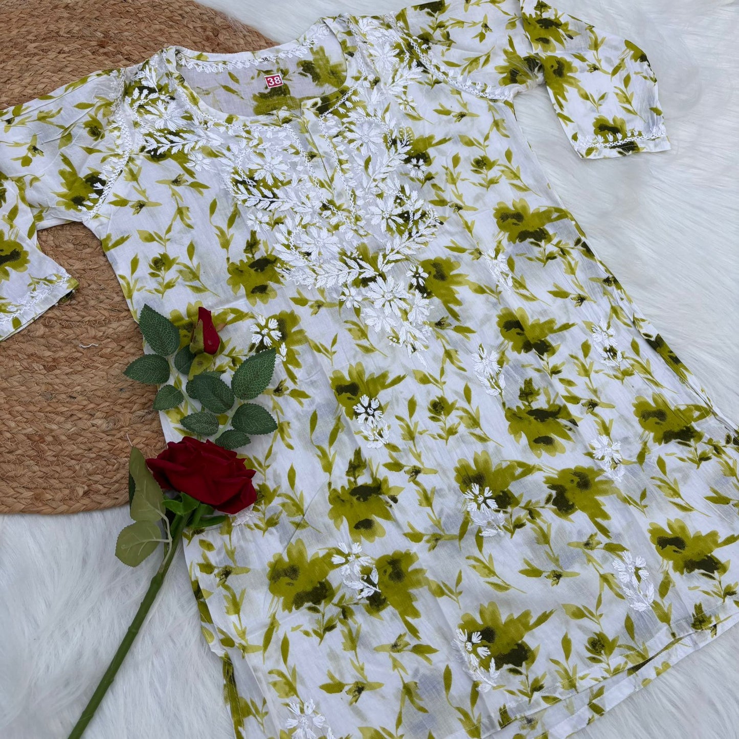 Asma Pure Mulmul Cotton Short Kurti - Green Colour - Chikankaar