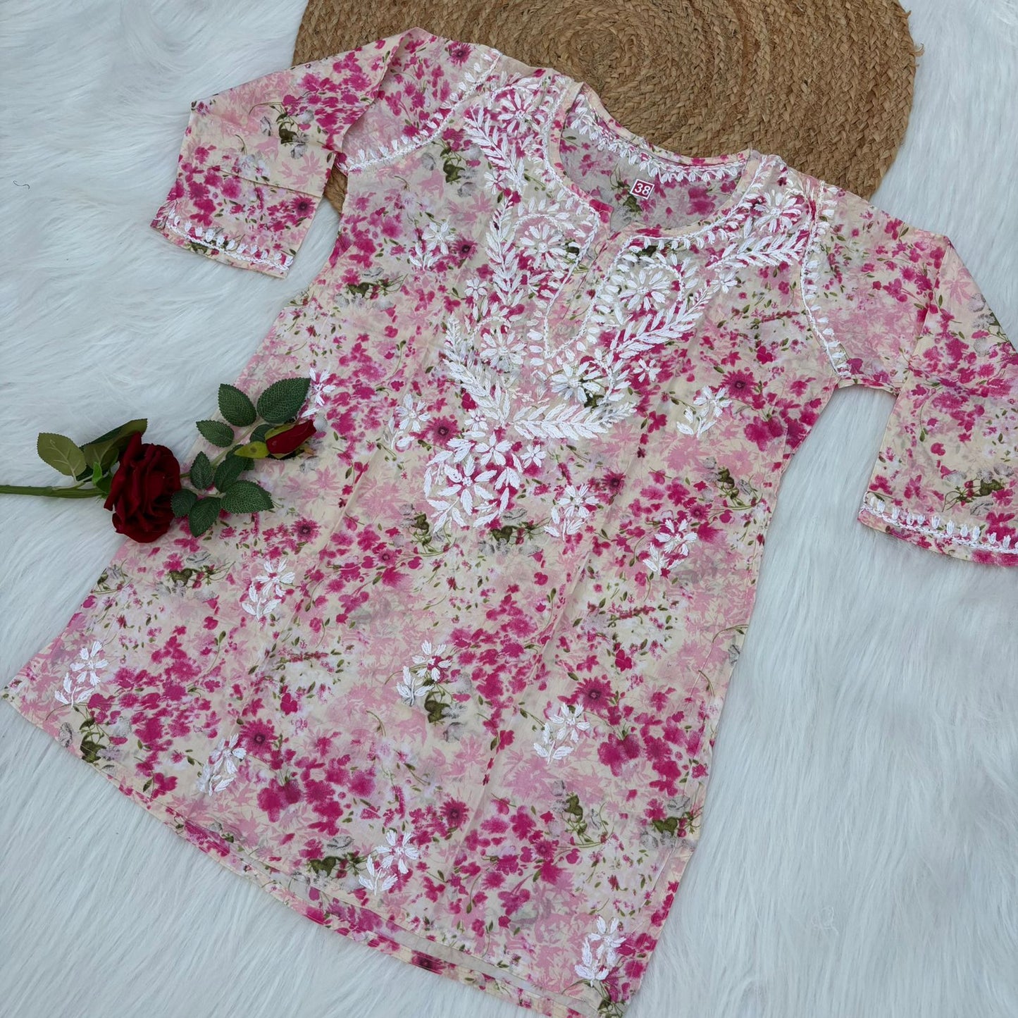Nura Pure Mulmul Cotton Short Kurti - Pink Colour - Chikankaar