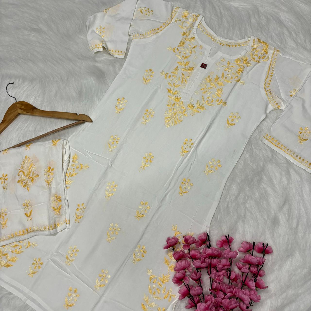 Aleena Rayon Chikankari Kurti Plazo Set - White Yellow color - Chikankaar