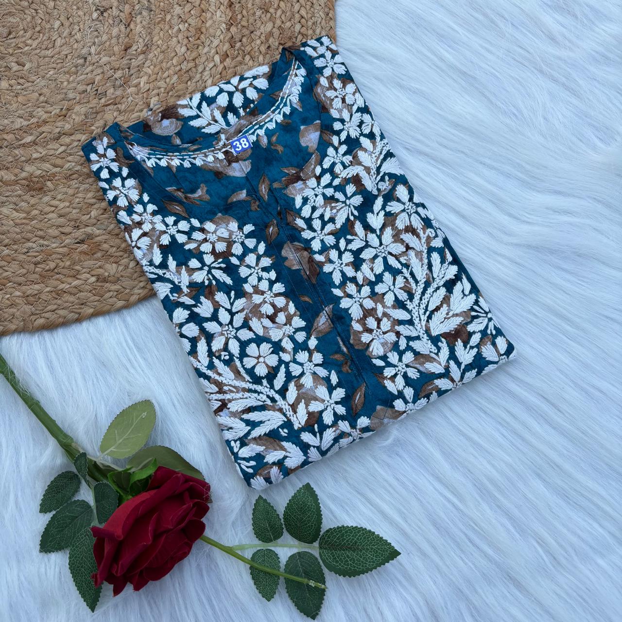 Sana Pure Mulmul Chikankari Handwork Kurti -Sea Green Colour