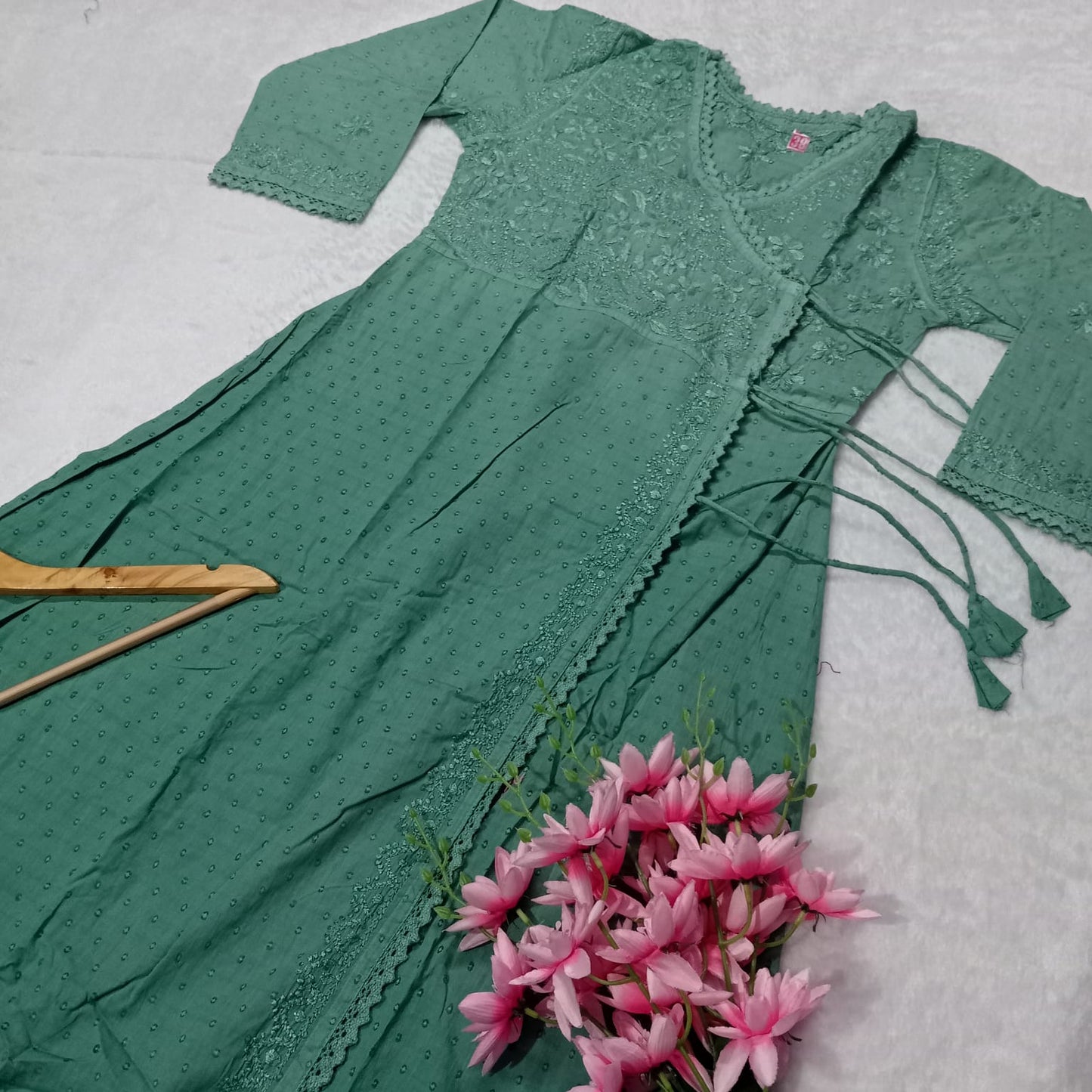 Ombre Shaded Dobby Cotton Chikankari Angarakha -Dark Green Colour - Chikankaar
