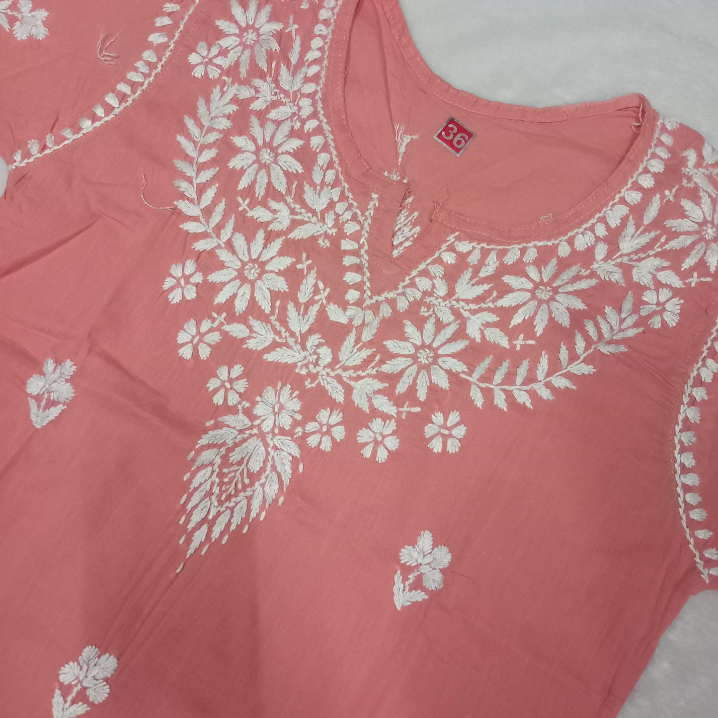 Cotton Chikankari Handwork Short Kurti - Peach Colour - Chikankaar