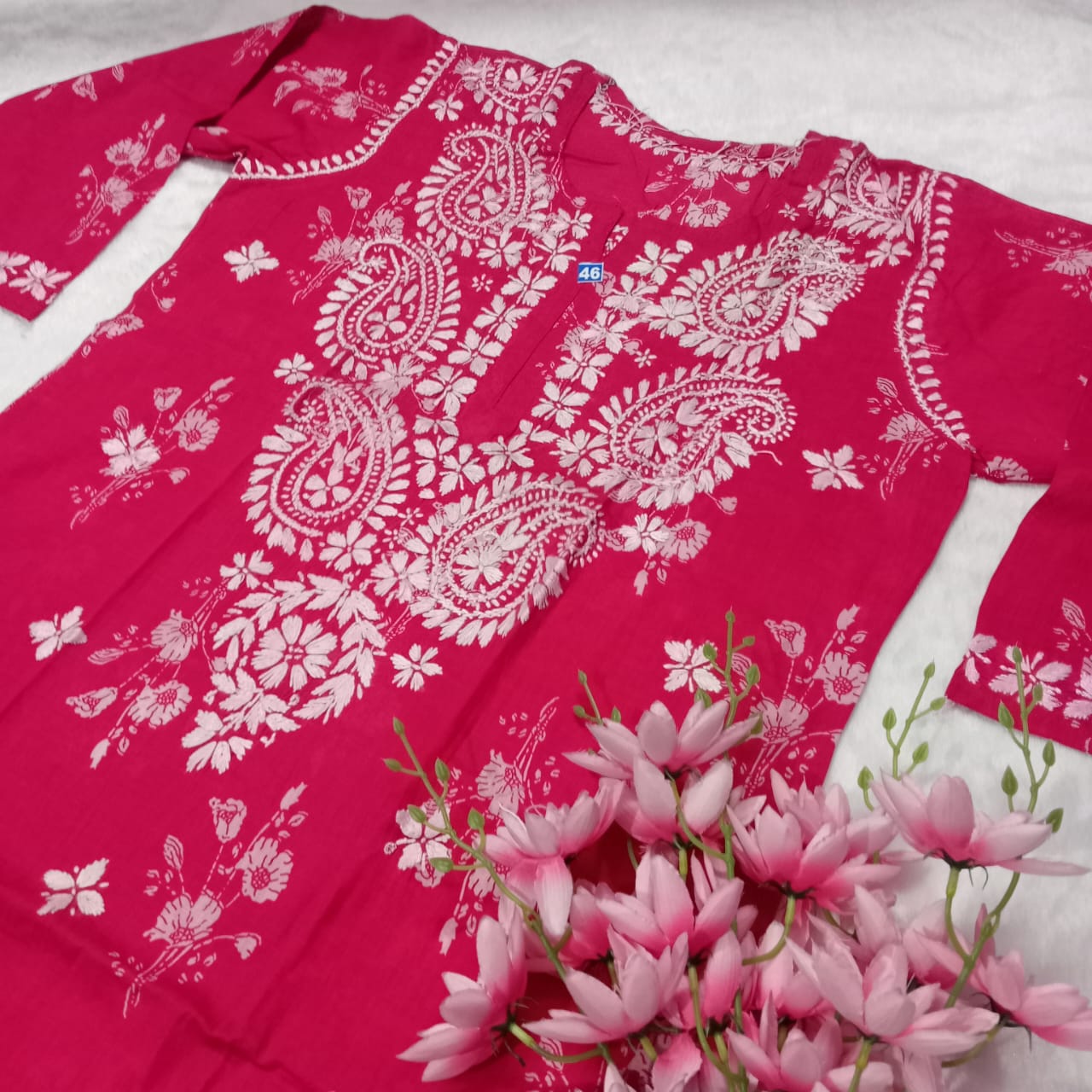 Pure Mulmul Printed Chikankari Kurti-dark Rani Colour - Chikankaar