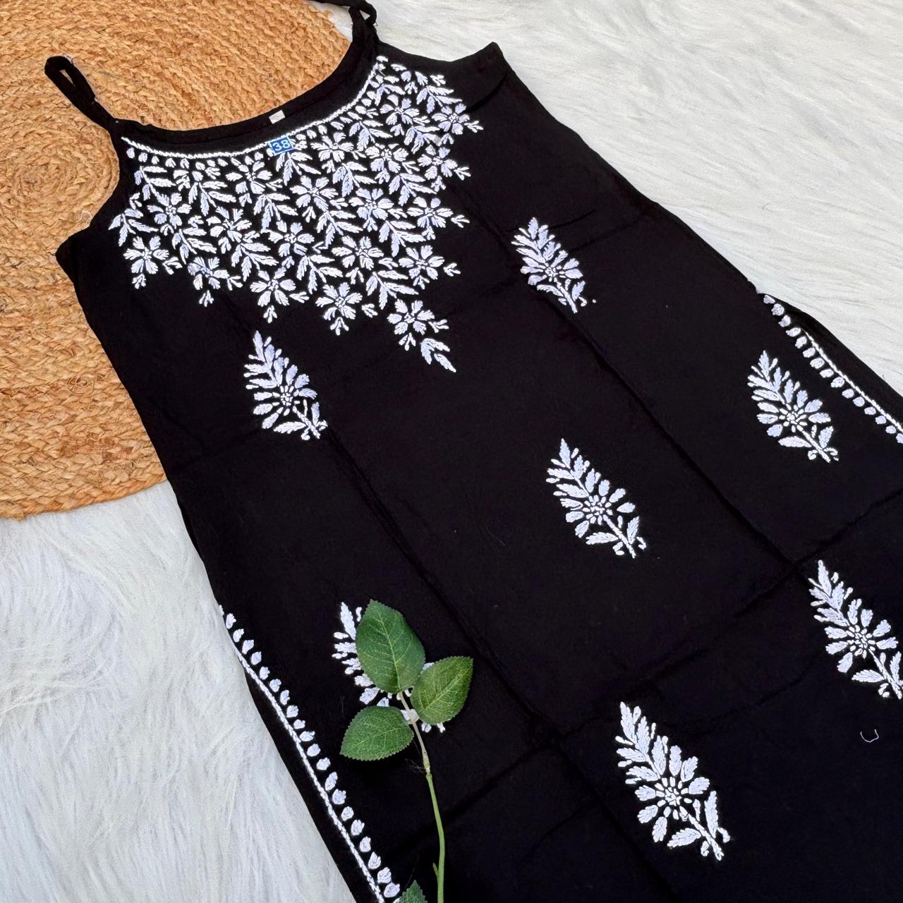 Safa Rayon Chikankari Noodle Strap Short Kurti -Black colour (Length - 38")