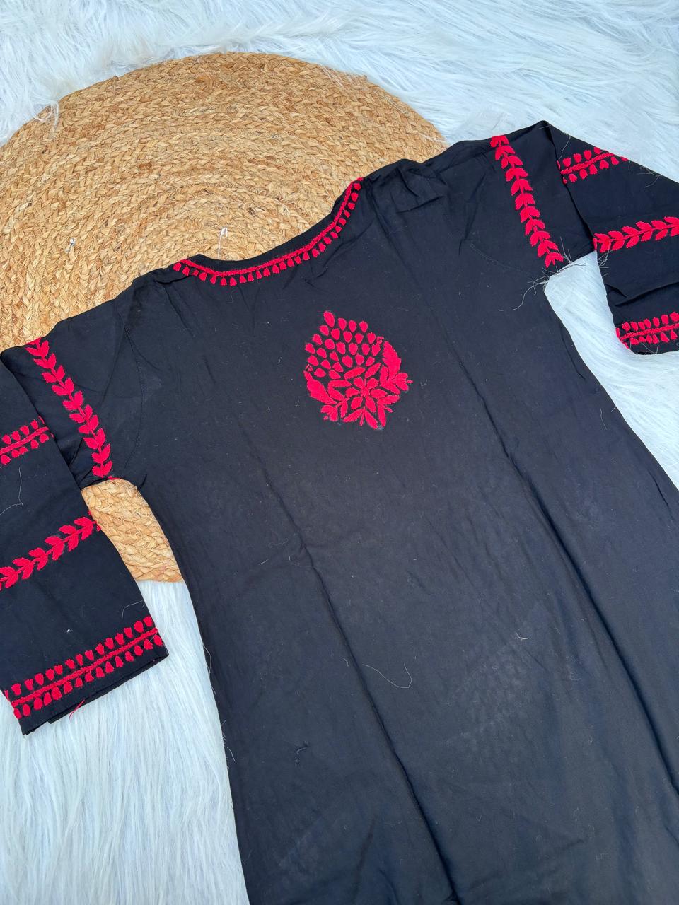 Shifa Soft Rayon Lucknowi Chikankari Kurti - Black Cherry Color