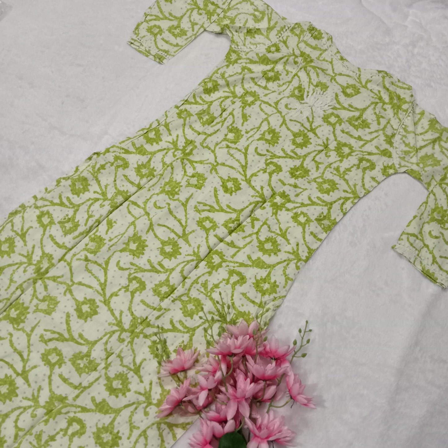 MODAL SLUB CHIKANKARI LOTUS WORK KURTI -LEAF GREEN COLOUR - Chikankaar