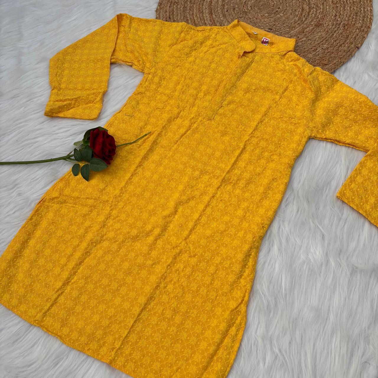 Ayaan Mens Cotton Chikankari Kurta - Yellow colour