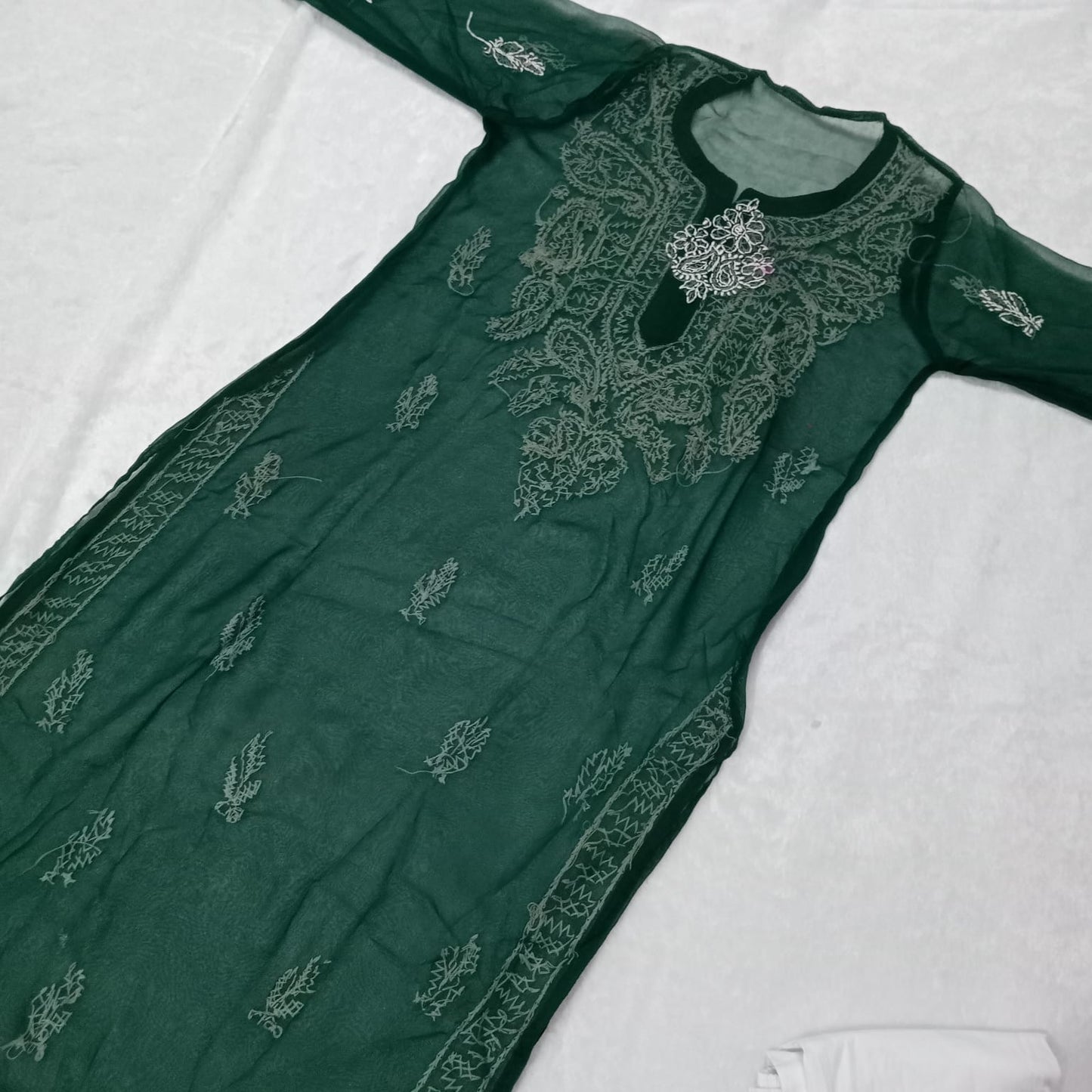 Georgette Mirror Work Chikankari Kurti With Inner- Dark Green Colour - Chikankaar