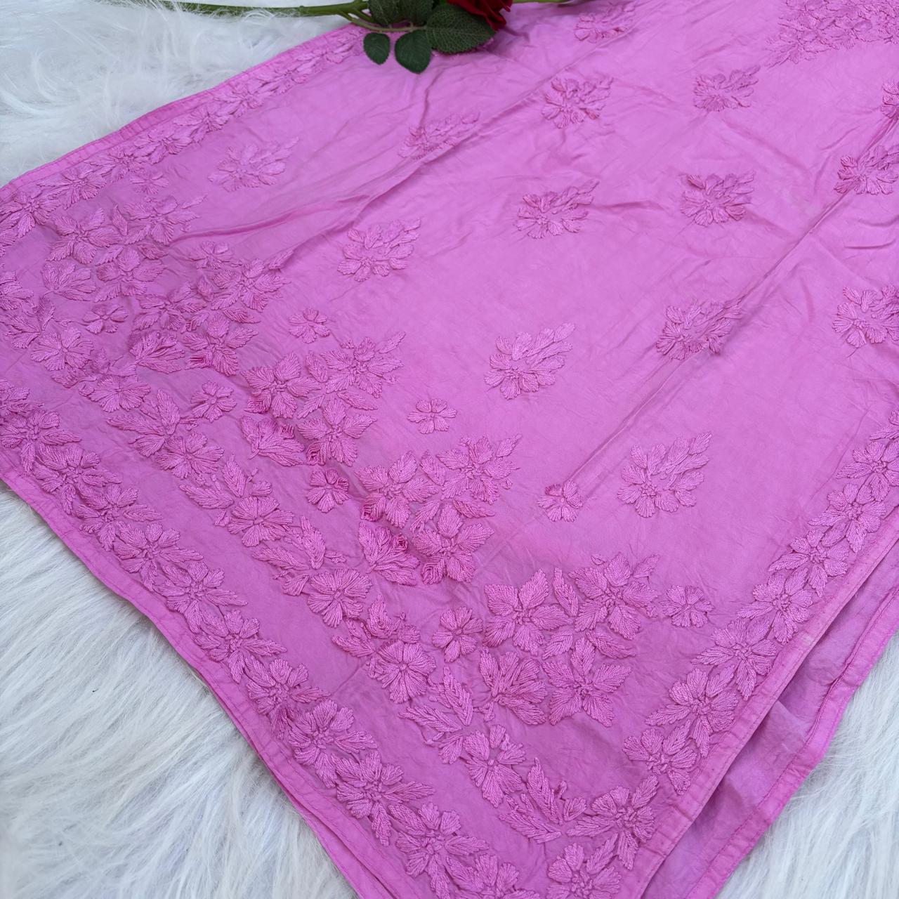 Zooni Chanderi Lucknowi Chikankari Dyed Kurti - Baby Pink