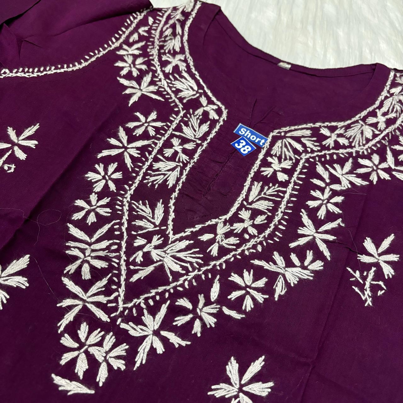 Ziya Pure Cotton Chikankari Short Top- Wine Colour - Chikankaar