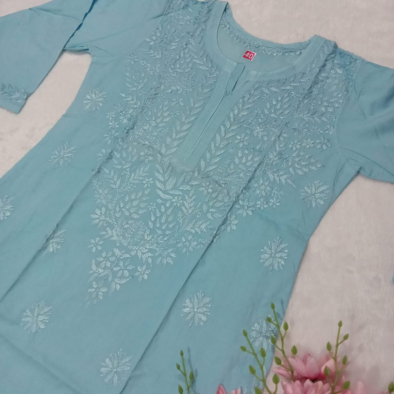 Exclusive Pure Cotton Chikankari Dyed Kurti -Blue Colour - Chikankaar