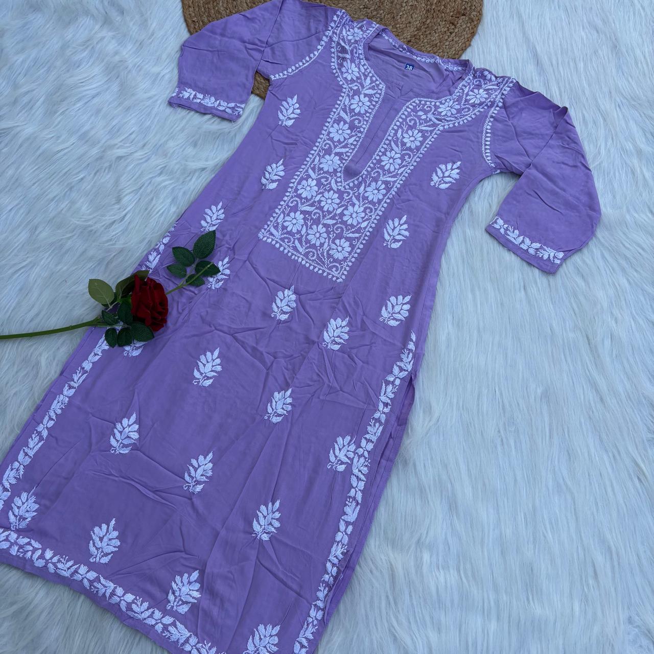 Soft Rayon Chikankari Kurti - Purple Colour