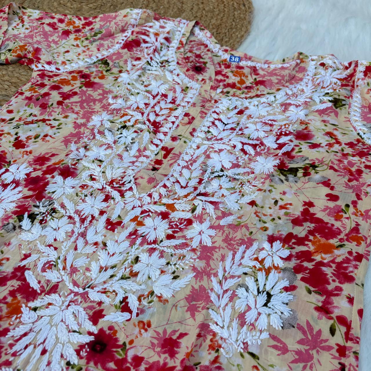 Fatima Pure Mulmul Chikankari Handwork Kurti - Red Colour - Chikankaar