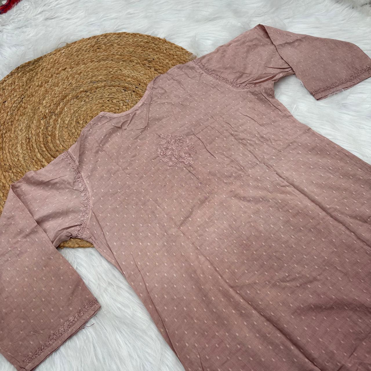 Farah Ombre Shaded Dobby Cotton Chikankari Kurti - Brown colour