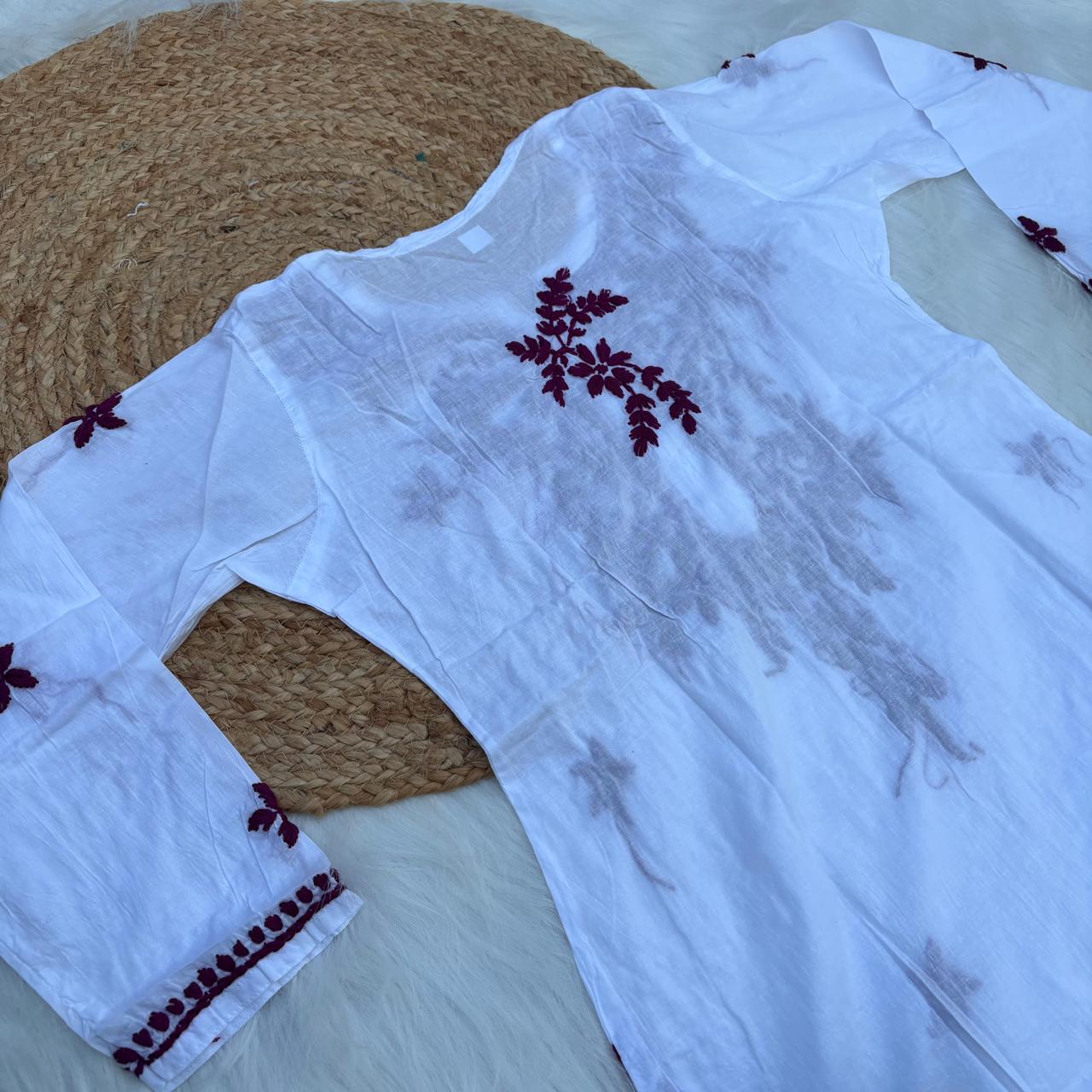 Shraddha Kapoor inspired Pure Cotton Chikankari Kurti - Wine Colour - Chikankaar