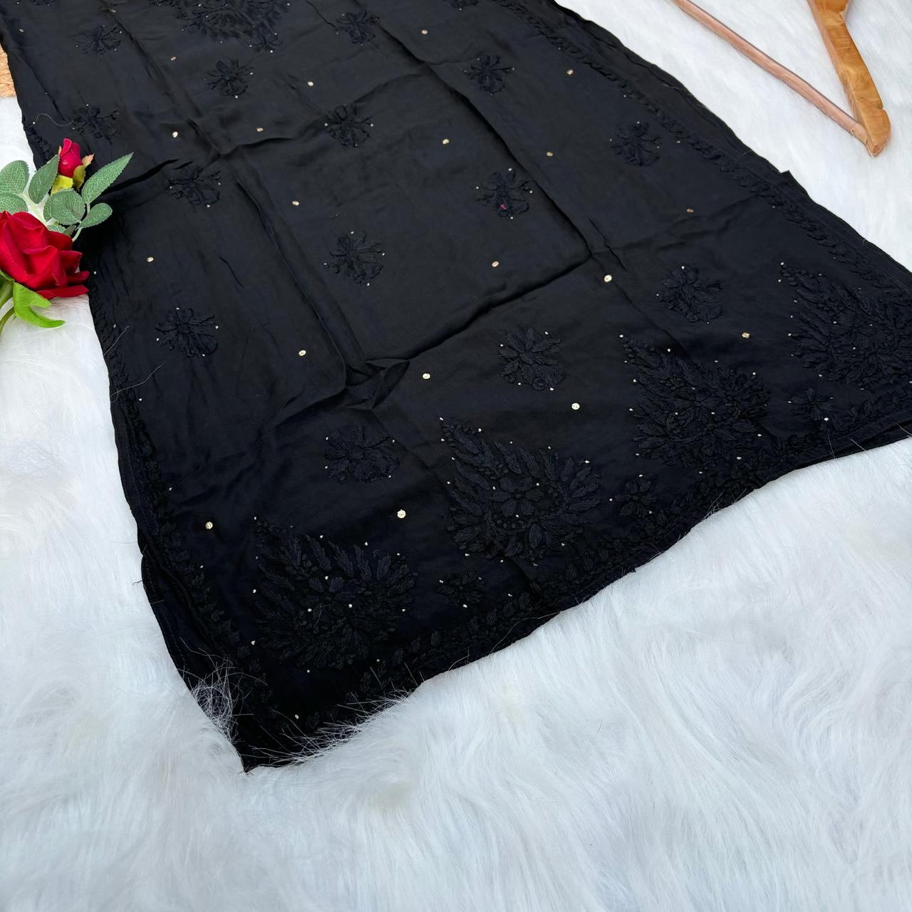 Rakul Preet Inspired Chikankari Muslin Kurti with Mukaish Work - Black Colour - Chikankaar