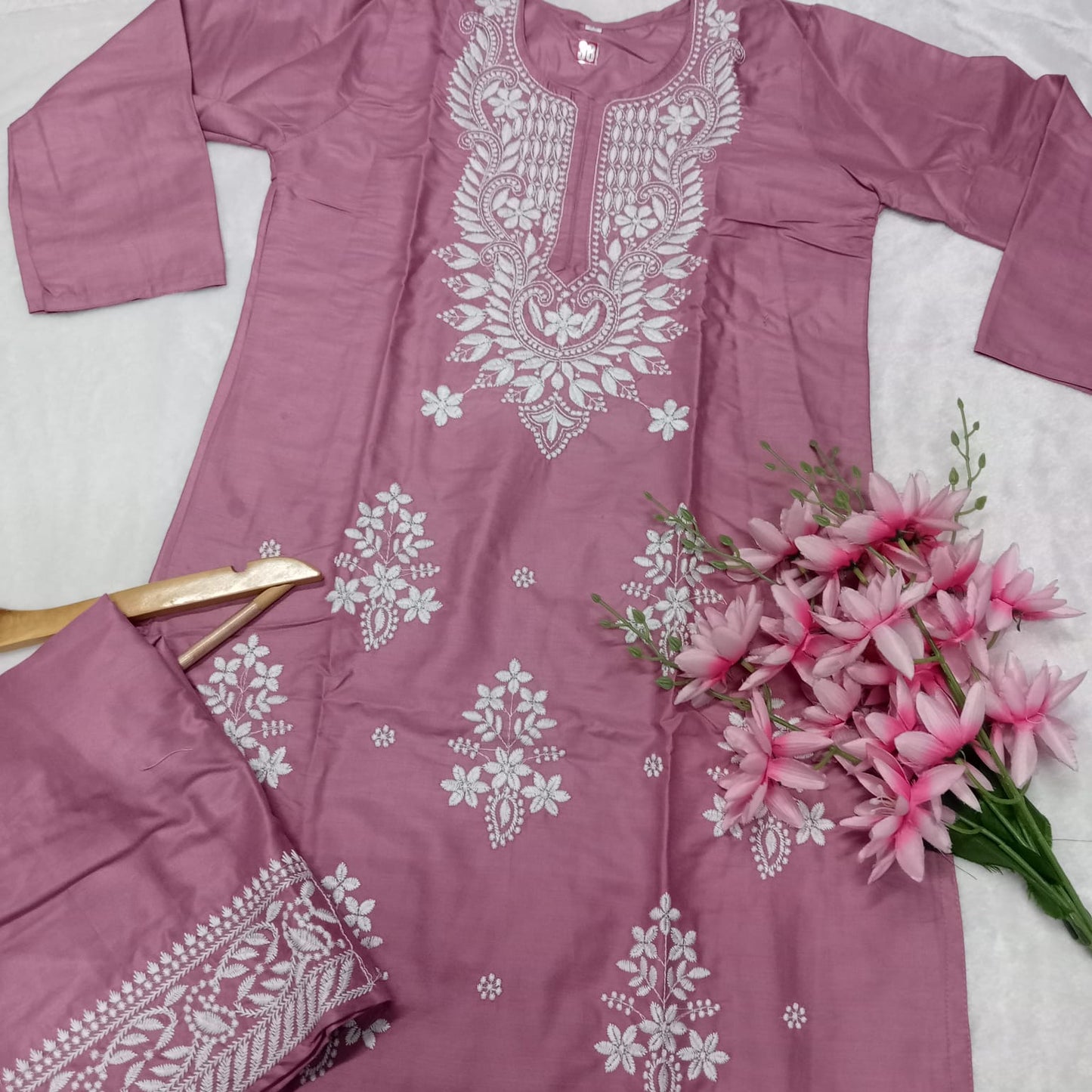 Rayon Chikankari Machine Work Kurti Plazo Set- Fuschia Colour - Chikankaar