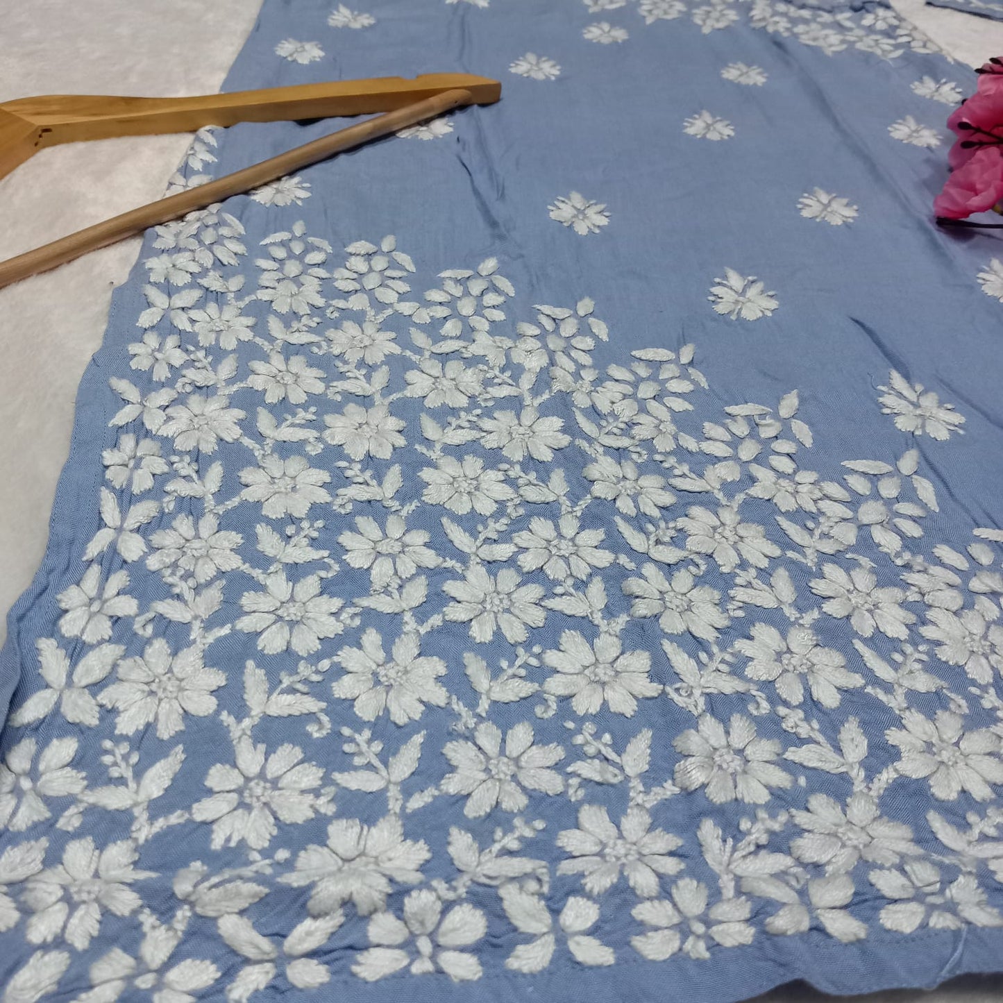 Zeenat Rayon Side Button Chikankari Kurti - Ocean Blue Colour - Chikankaar