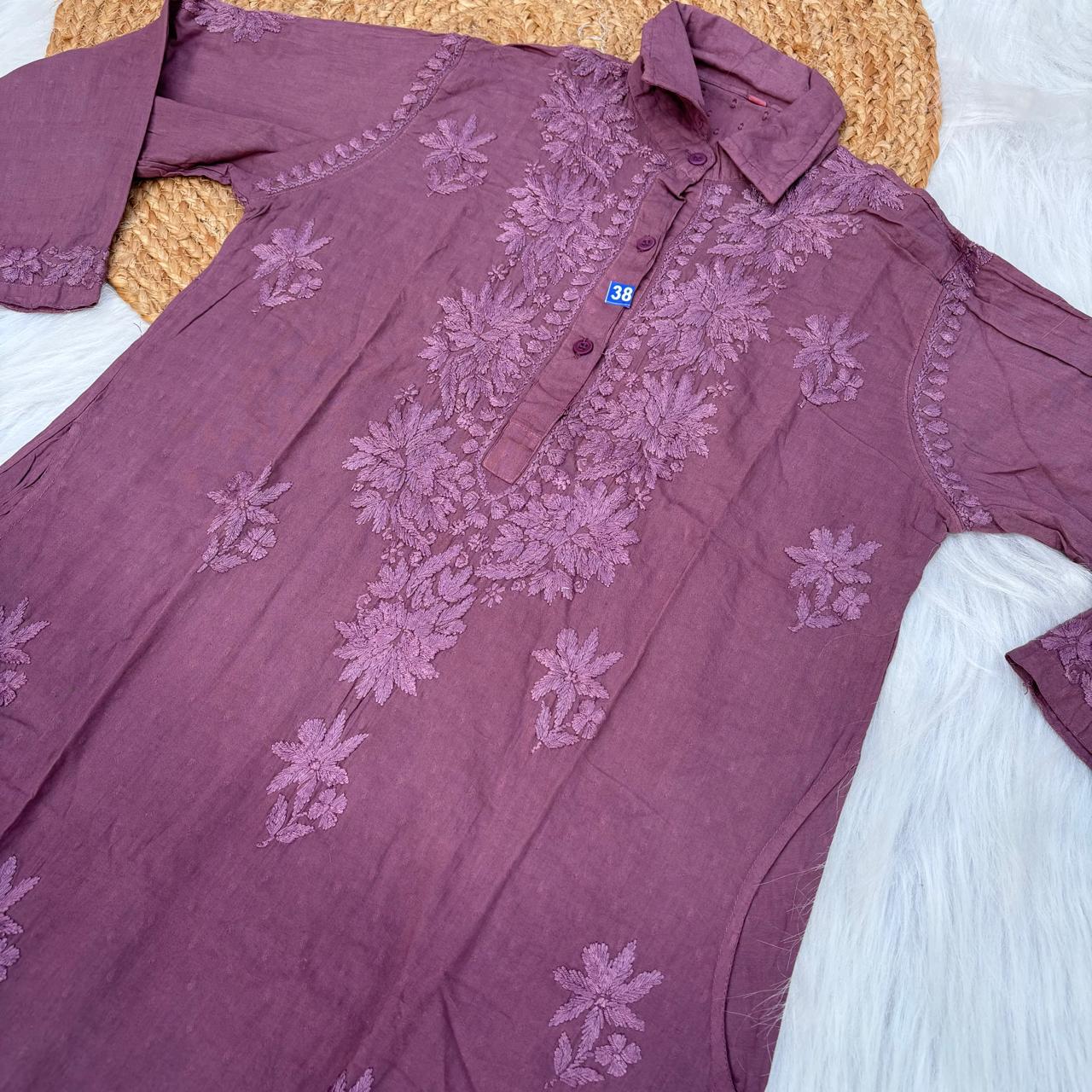 Sadia Dobby Cotton Ombre Shaded Chikankari Kurti with Collar - Wine Colour