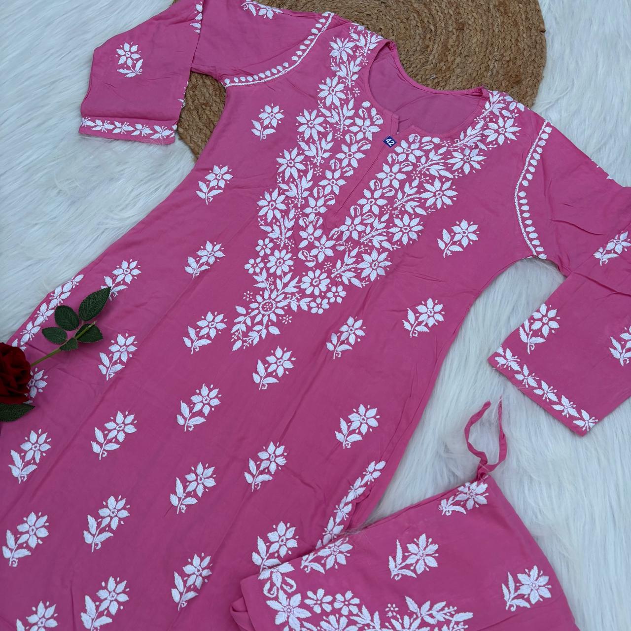 Maya Rayon Chikankari Kurti Plazo Set - Pink Colour