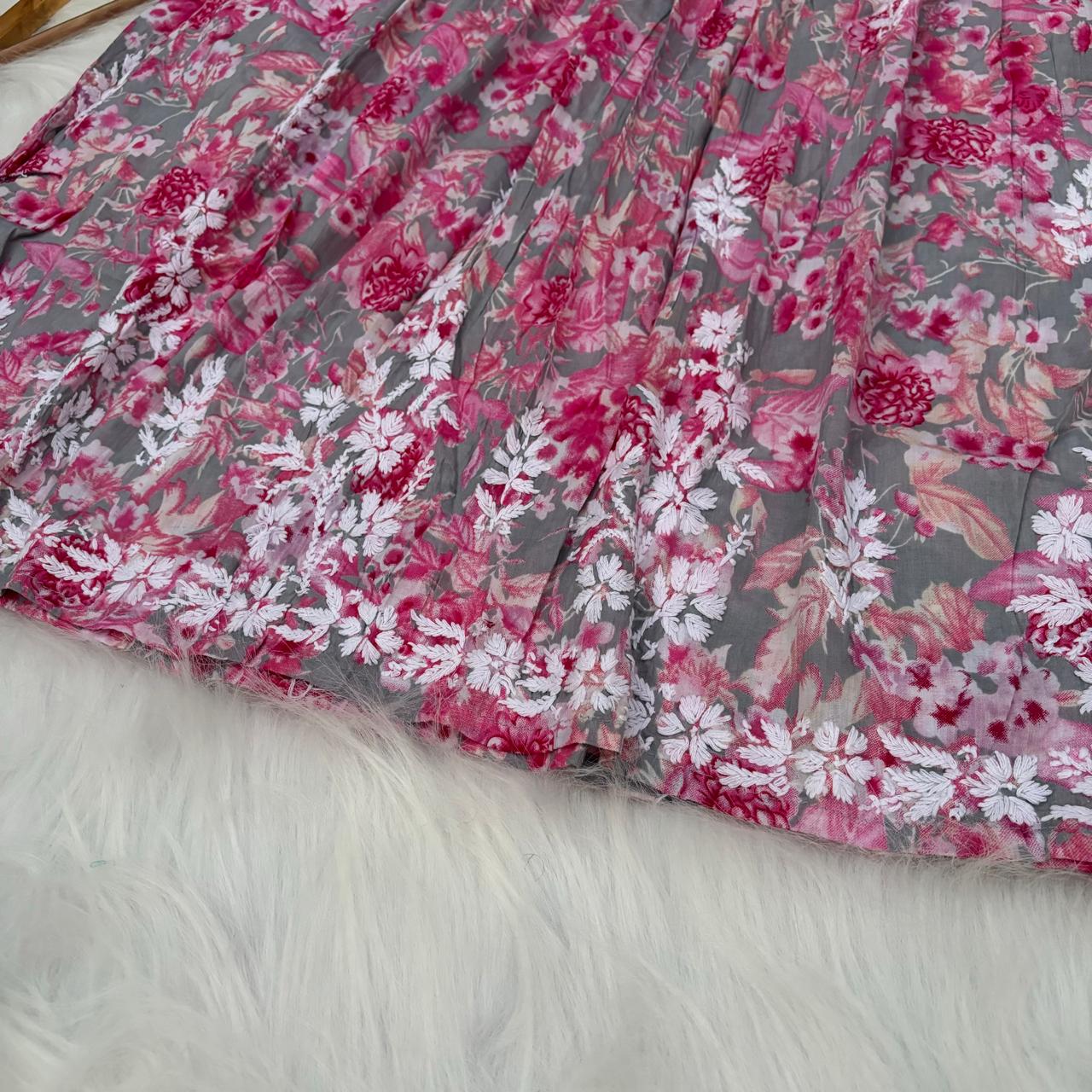 Zainab Pure Mulmul Cotton Gown - Pink Colour - Chikankaar