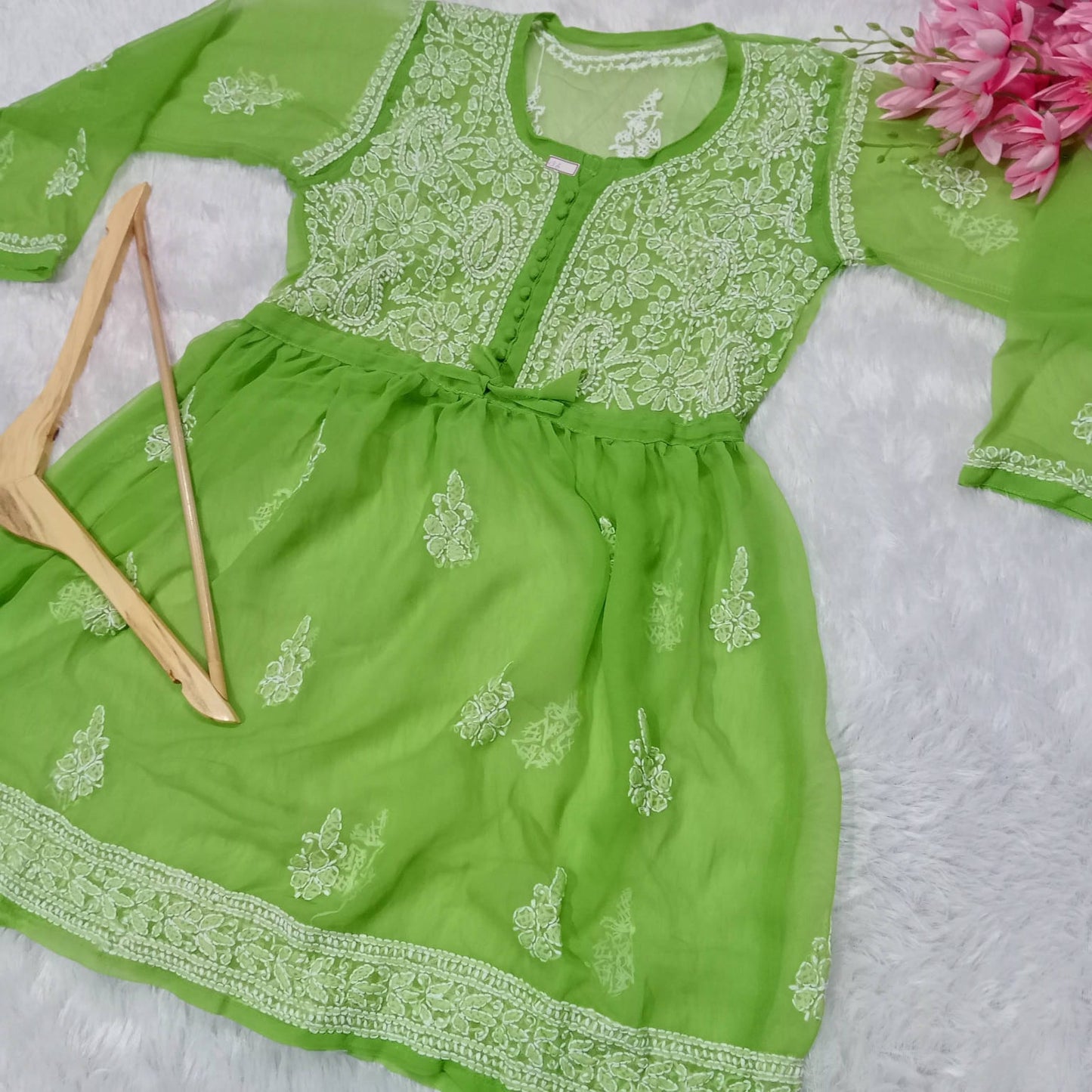 Chikankari Georgette Short Gown With Dori - Green Color - Chikankaar