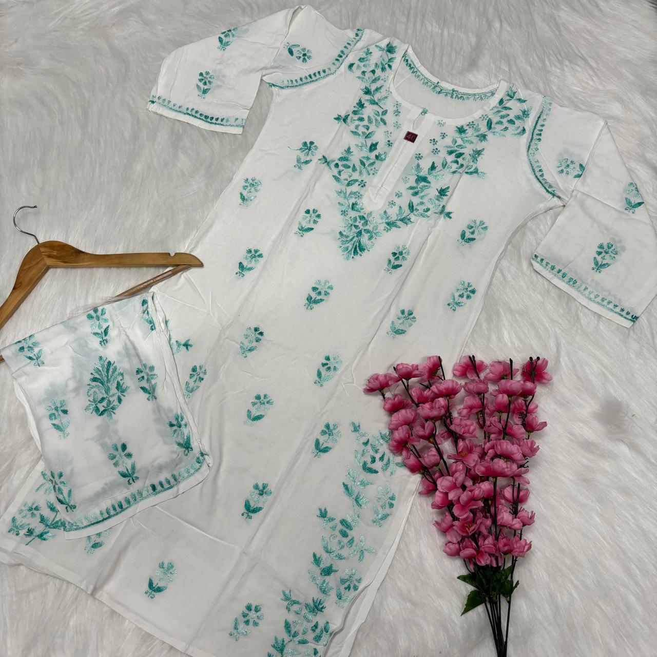 Aleena Rayon Chikankari Kurti Plazo Set - White Sea Green color - Chikankaar