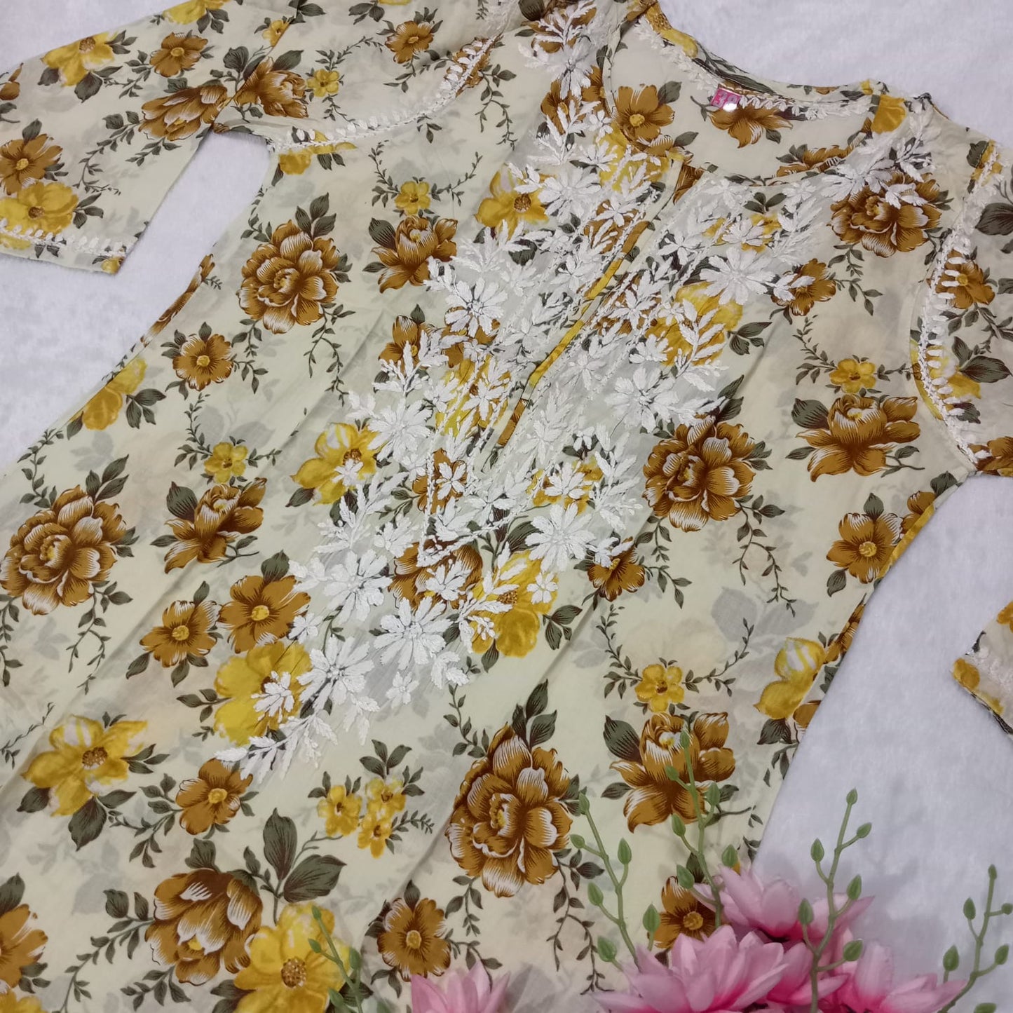 PURE MULMUL COTTON CHIKANKARI KURTI WITH FLORAL PRINT -YELLOW COLOUR - Chikankaar